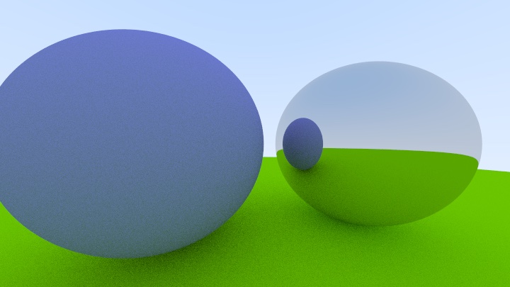 a raytraced render of one sphere reflecting another