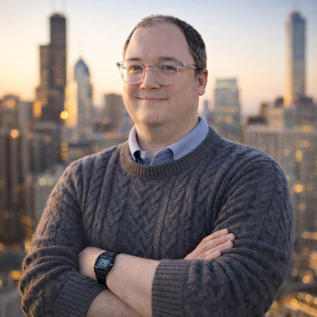 AI headshot of Josh in downtown Chicago